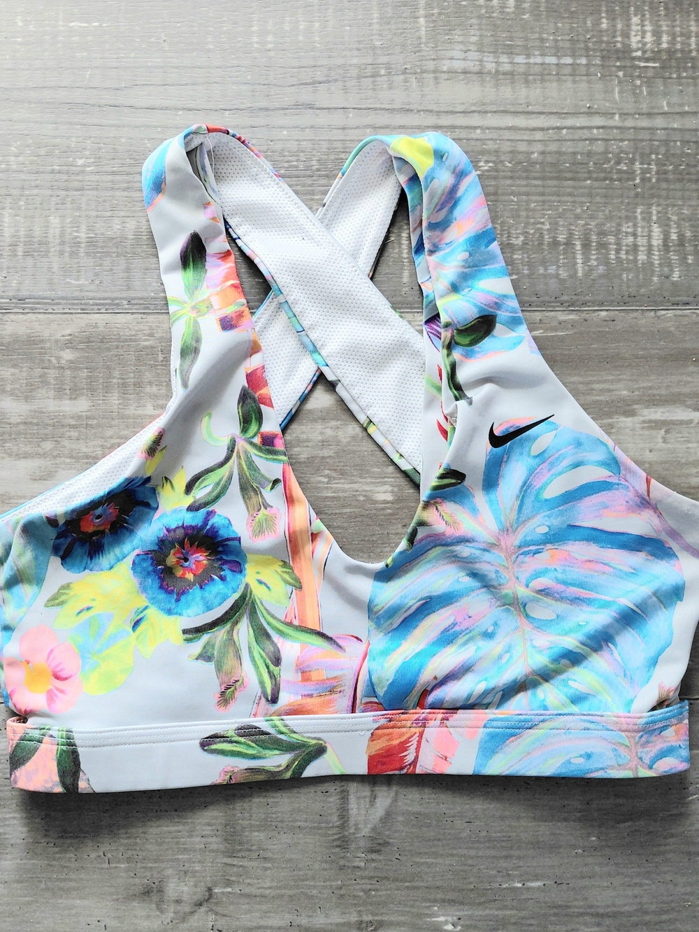 Nike Tropical Print  Cross-Back Sports Top - Blue, Pink, Green